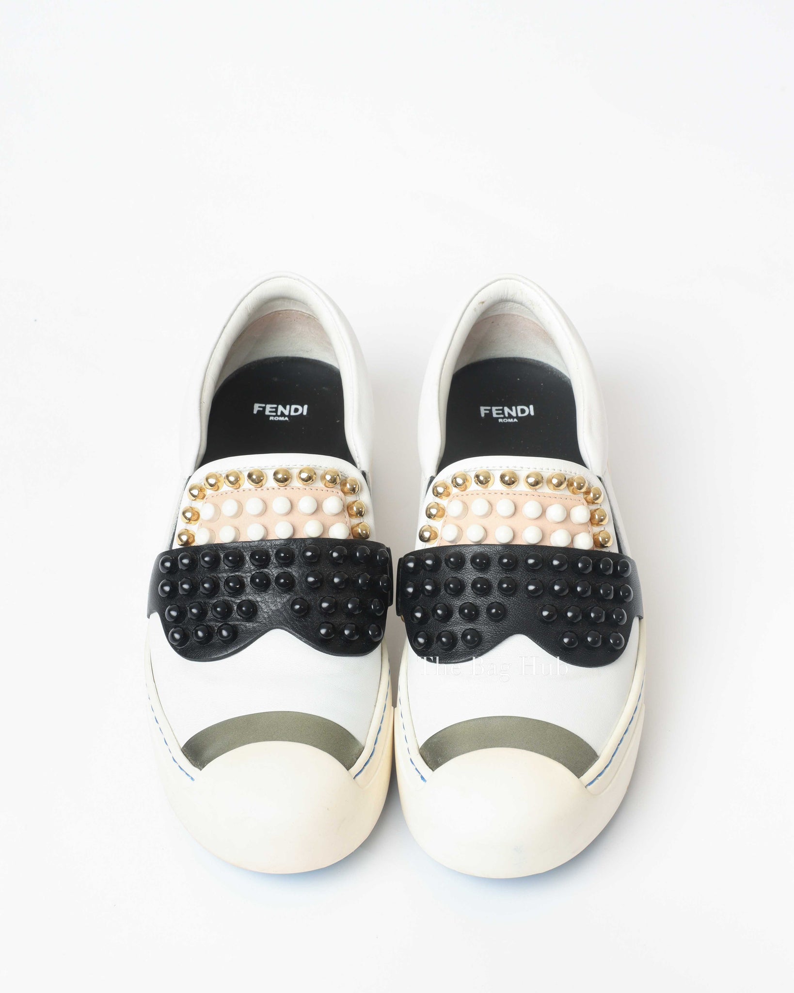 Fendi White/Balck/Gold Calf Leather Studded Karlito Low Top Women Sneakers Size 37-Image-8