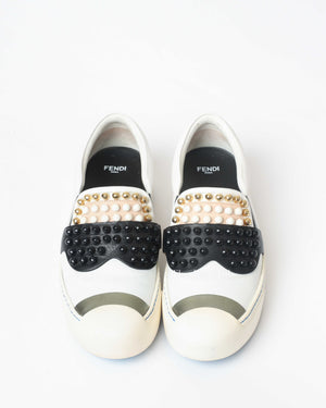 Fendi White/Balck/Gold Calf Leather Studded Karlito Low Top Women Sneakers Size 37-Image-8