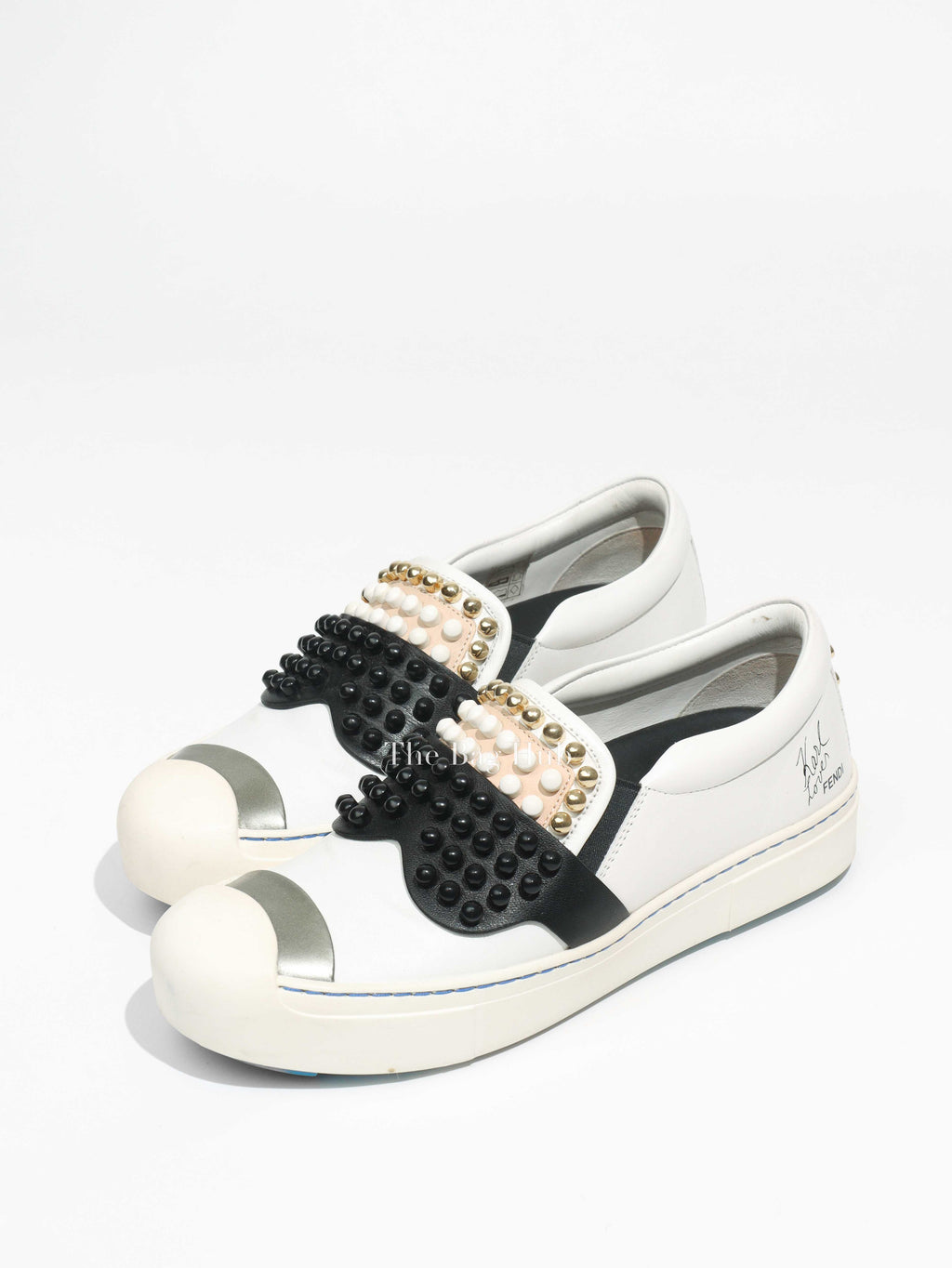 Fendi White/Balck/Gold Calf Leather Studded Karlito Low Top Women Sneakers Size 37-Image-1
