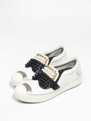 Fendi White/Balck/Gold Calf Leather Studded Karlito Low Top Women Sneakers Size 37-Image-1