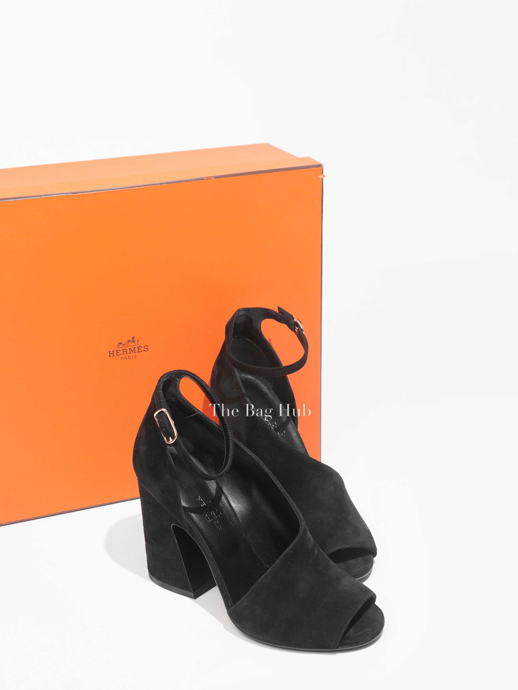 Hermes Black Suede Ankle Strap Block Heel Sandals Size 37.5-Image-1