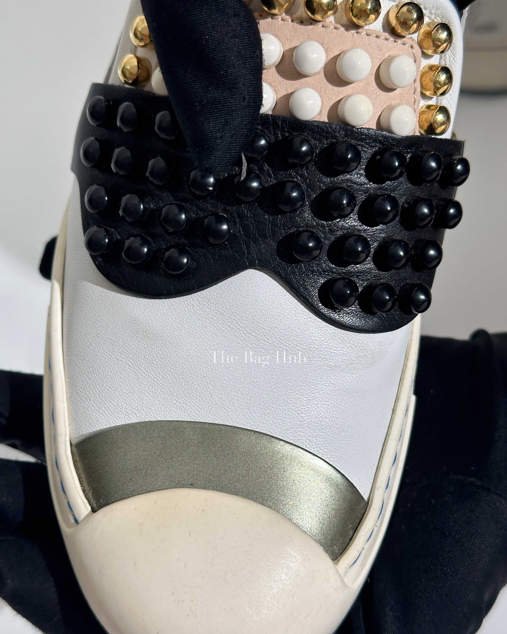 Fendi White/Balck/Gold Calf Leather Studded Karlito Low Top Women Sneakers Size 37-Image-21