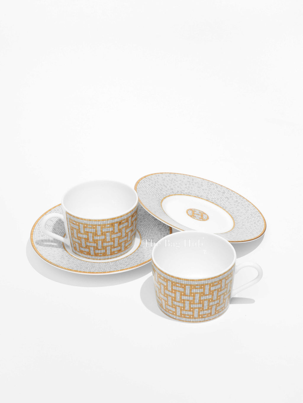 Hermes 2pc Gold Mosaique Au 24 Tea Cup and Saucer Set