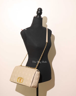 Christian Dior Beige Calfskin Leather Supple Cannage Caro Flap Large Bag