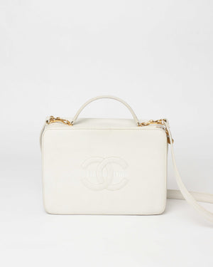 Chanel White Leather CC Filigree Vanity Bag