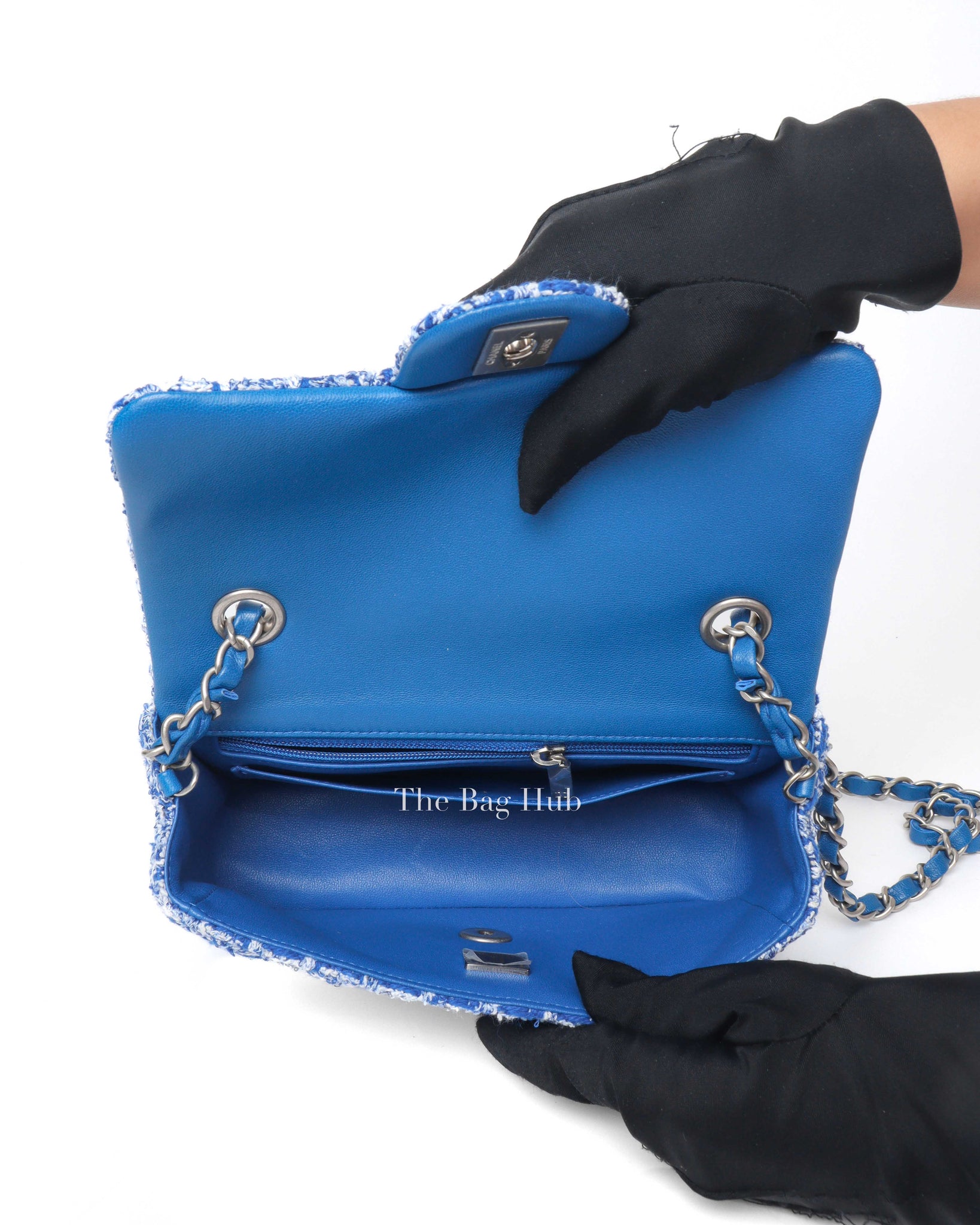 Chanel Blue/White Tweed Mini Classic Flap Bag SHW