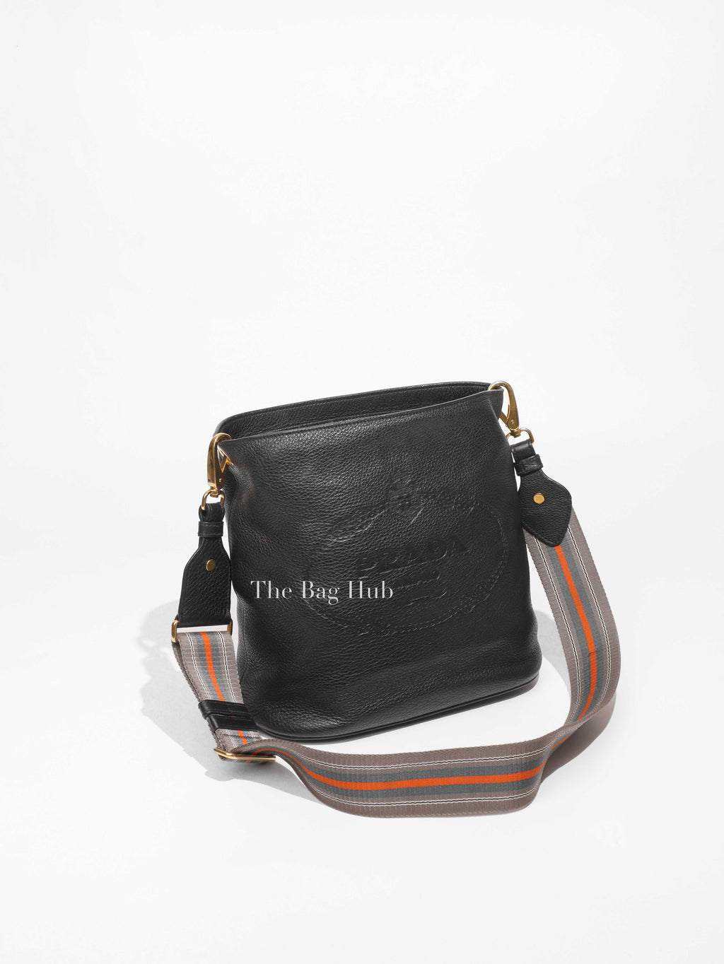 Prada Black Vitello Phenix Stripe Strap Bucket Bag 1BE057