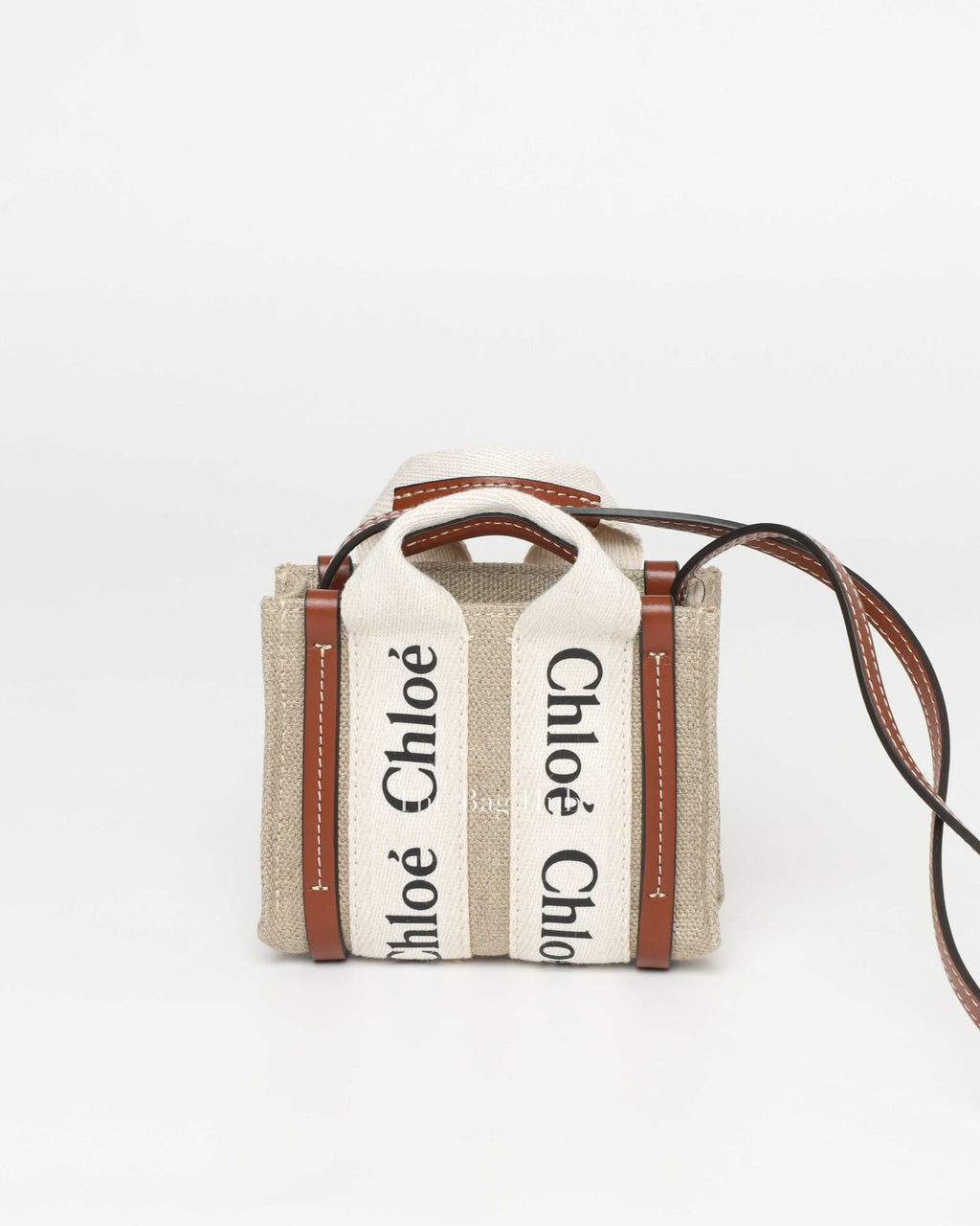 Chloé White/Brown Woody Nano Canvas Tote Bag