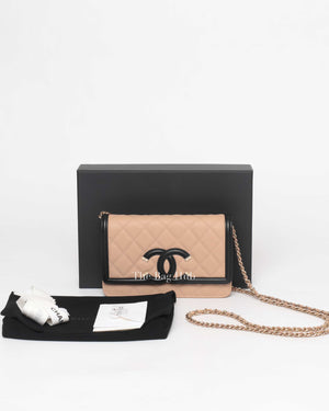 Chanel Beige/Black Caviar Quilted CC Filigree WOC GHW