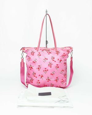 Prada Rosa Pink Tessuto Stampato Floral Tote Bag