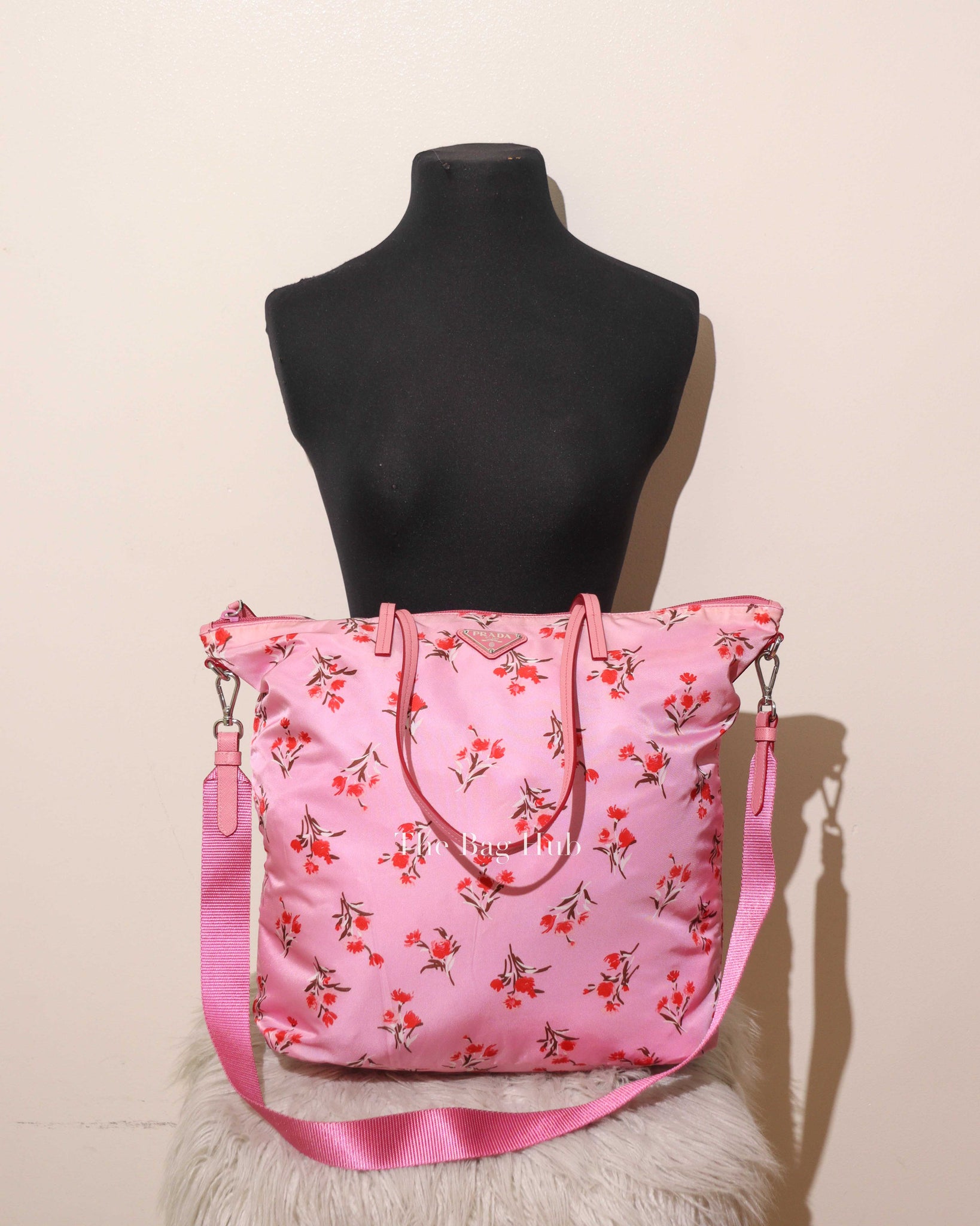 Prada Rosa Pink Tessuto Stampato Floral Tote Bag