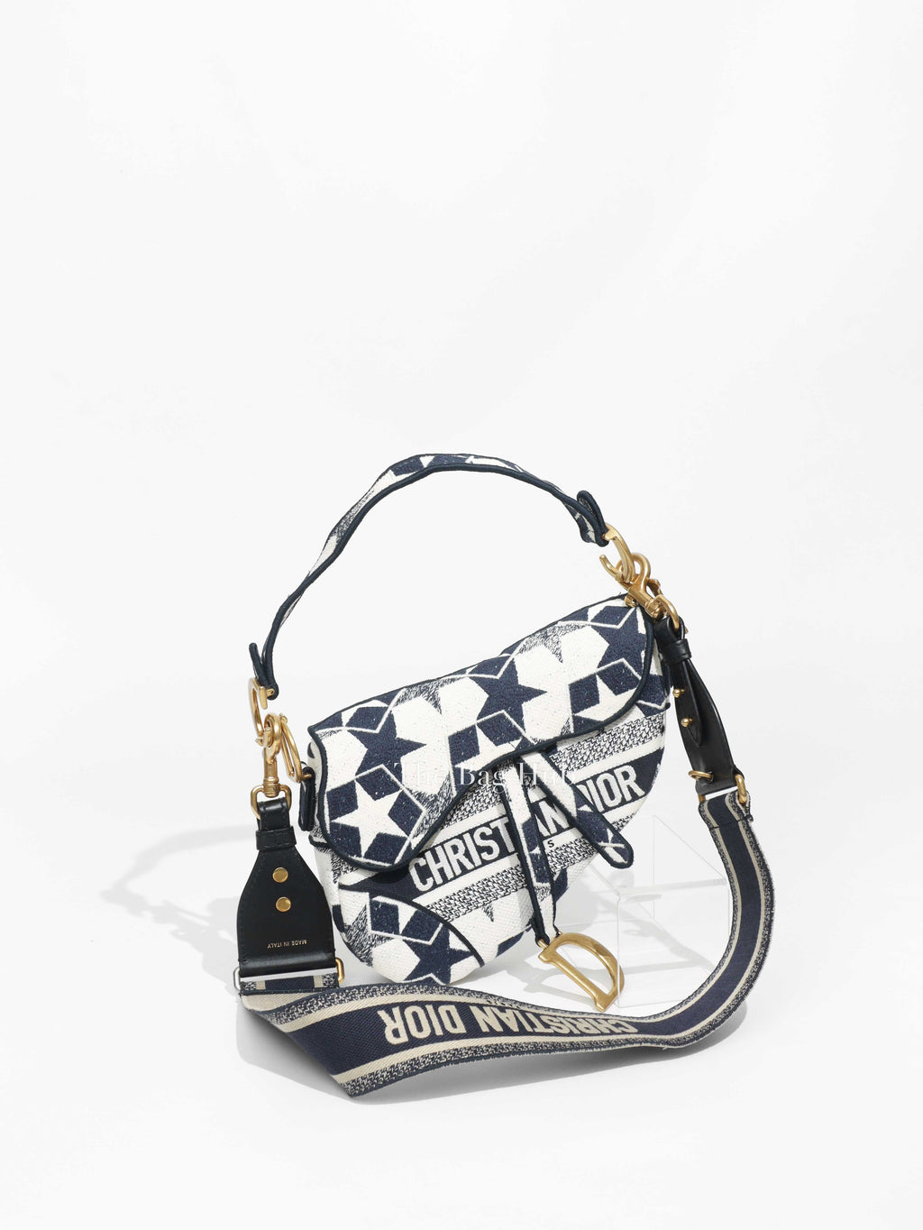 Christian Dior white/ Blue Stars Embroidered Canvas Medium Saddle Bag with Adjustable Dior Strap