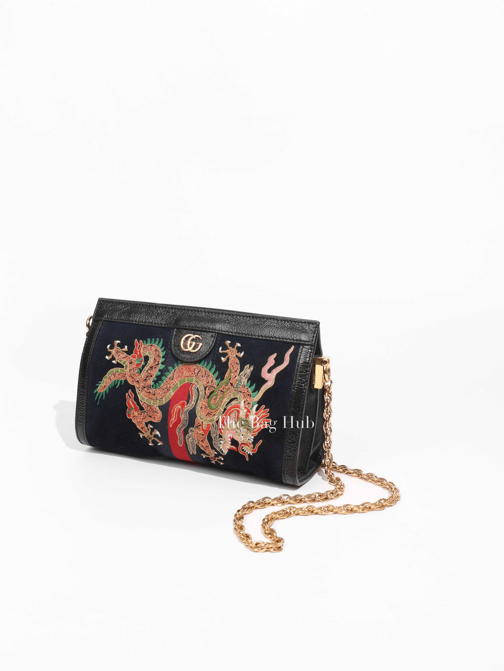 Gucci Navy Blue Suede/Patent Dragon Embroidered Small Ophidia Chain Bag