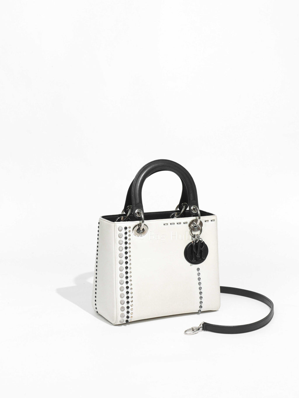 Christian Dior White/Black Lambskin Leather Lady Dior Crystal Pearl Studded Medium Bag