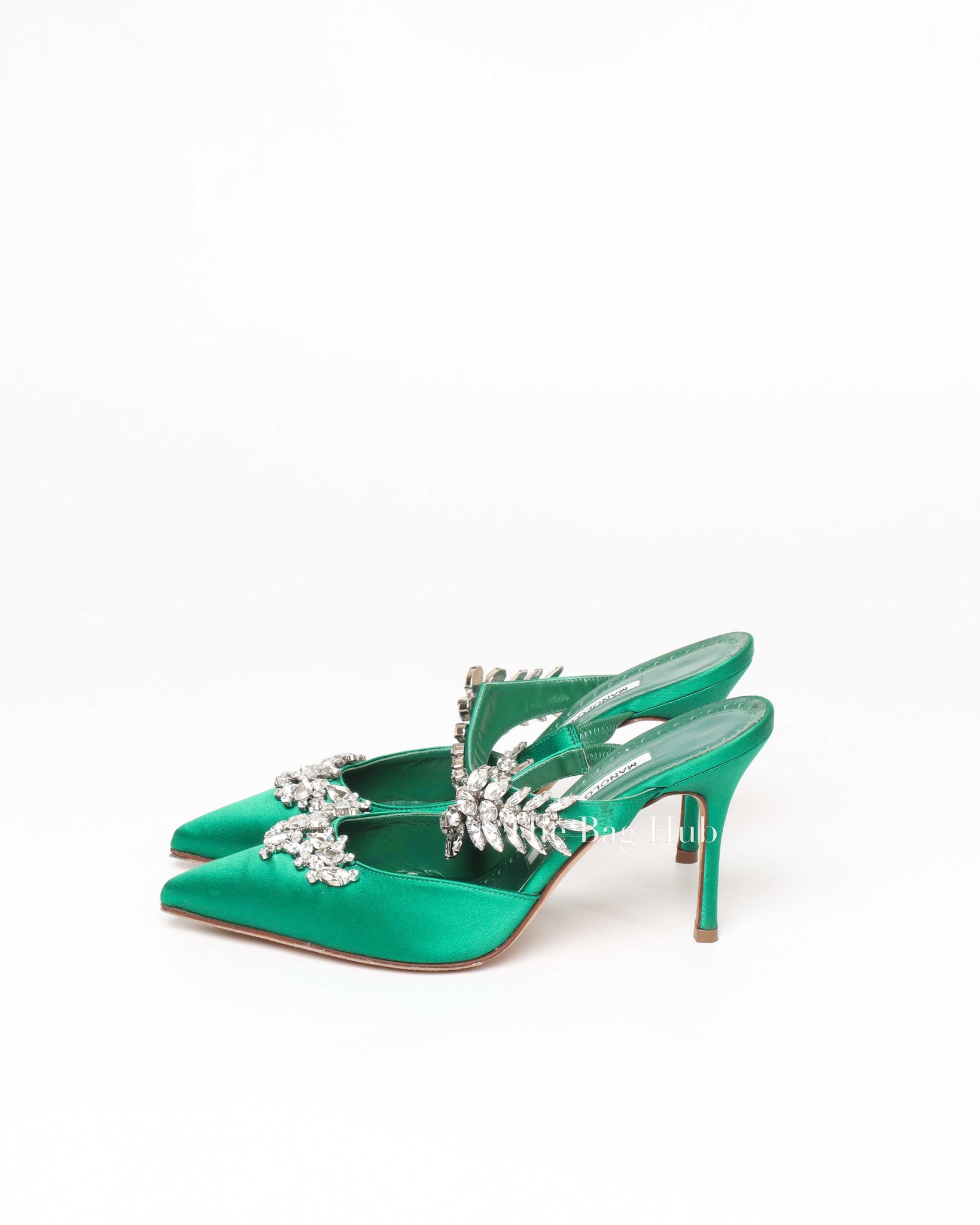 Manolo Blahnik Emerald Green Canvas Stiletto Sandals Size 37.5