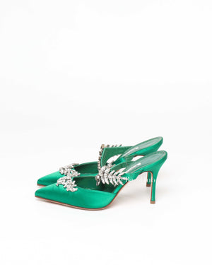Manolo Blahnik Emerald Green Canvas Stiletto Sandals Size 37.5