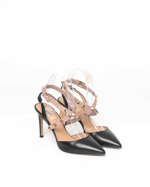 Valentino Garavani Black Leather Rock-stud Gold Ankle Strap Size 36.5