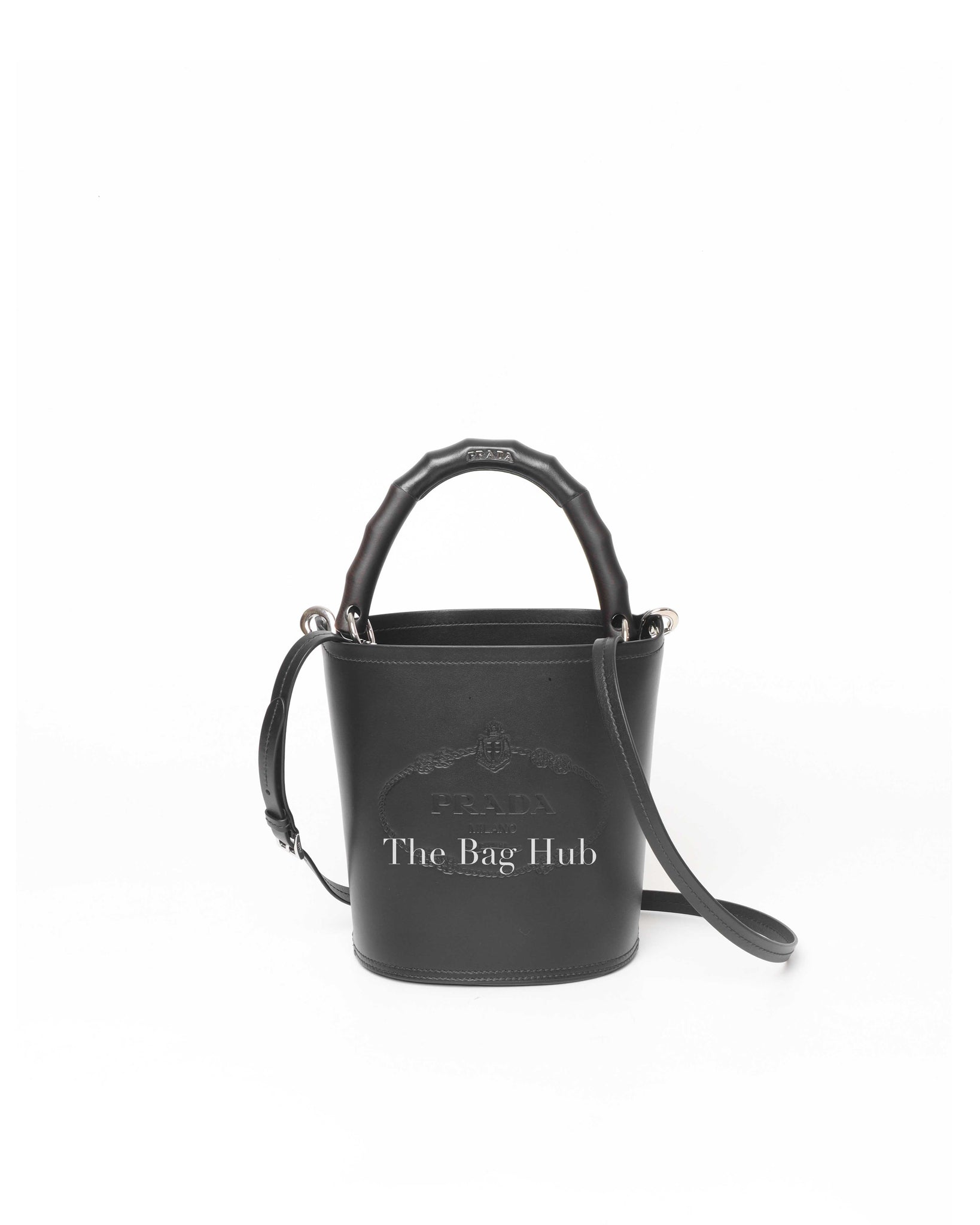 Prada Nero Leather with Metal and Wood Tambour Bucket Bag Designer Brand Authentic Prada The Bag Hub