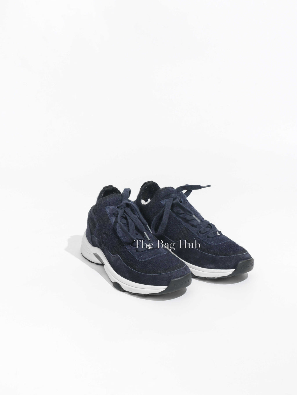 Chanel Navy Blue Knit &amp; Suede Calfskin CC Logo Women's Sneaker Size 37
