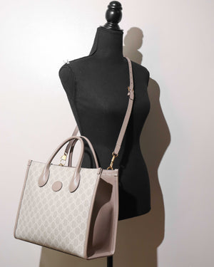 Gucci Beige and white GG Supreme canvas w/ Interlocking G Small Tote Bag-12