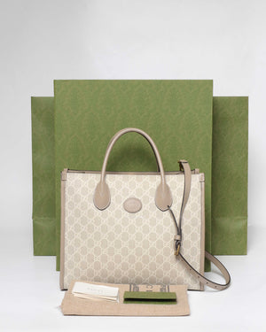 Gucci Beige and white GG Supreme canvas w/ Interlocking G Small Tote Bag-13