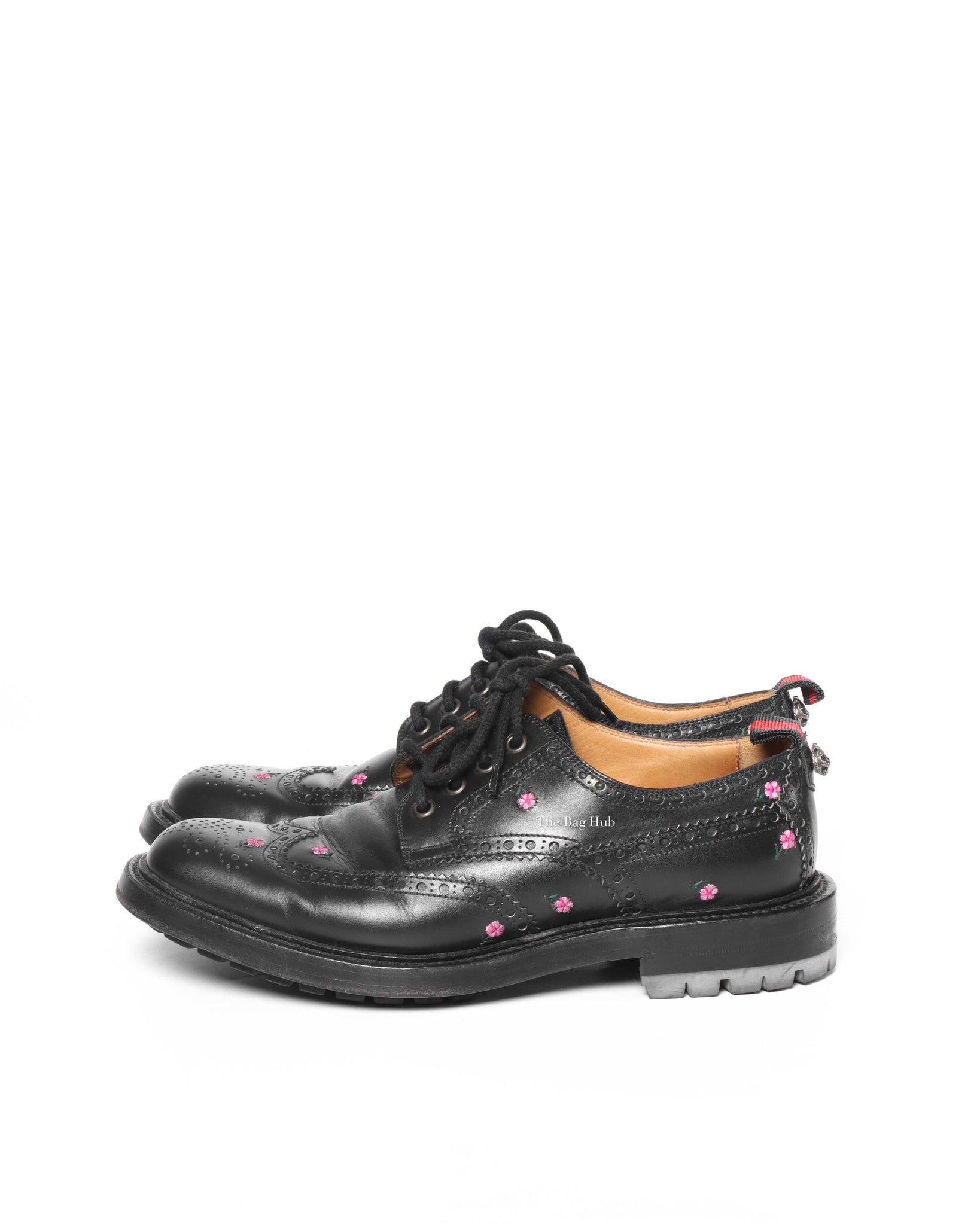 Gucci Black Web Floral-Embroidered Leather Brogues Men's Shoes Size 6.5-5