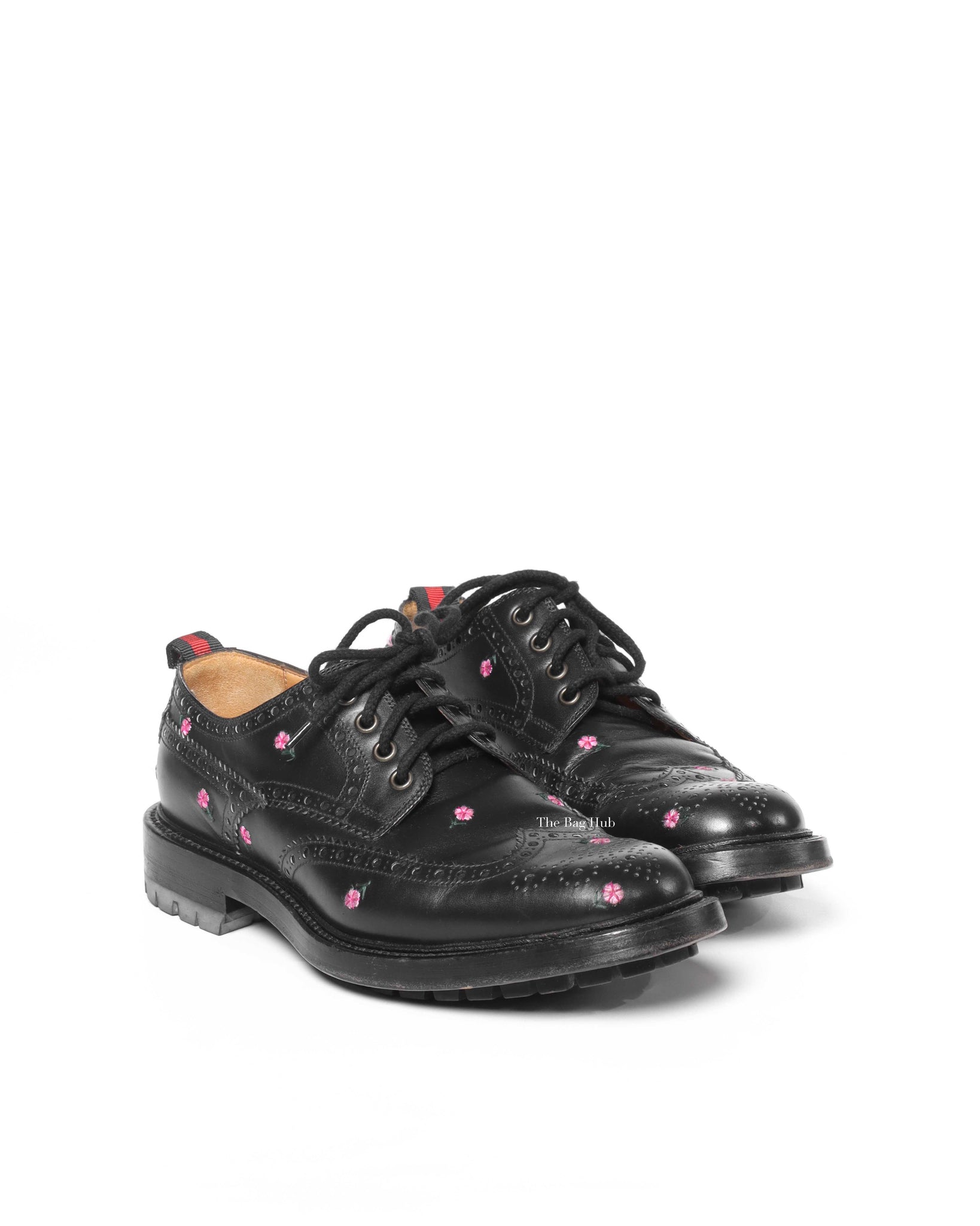 Gucci Black Web Floral-Embroidered Leather Brogues Men's Shoes Size 6.5-2