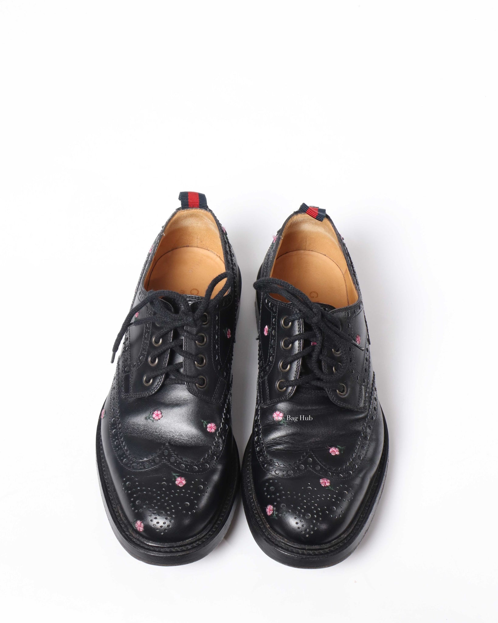Gucci Black Web Floral-Embroidered Leather Brogues Men's Shoes Size 6.5-8