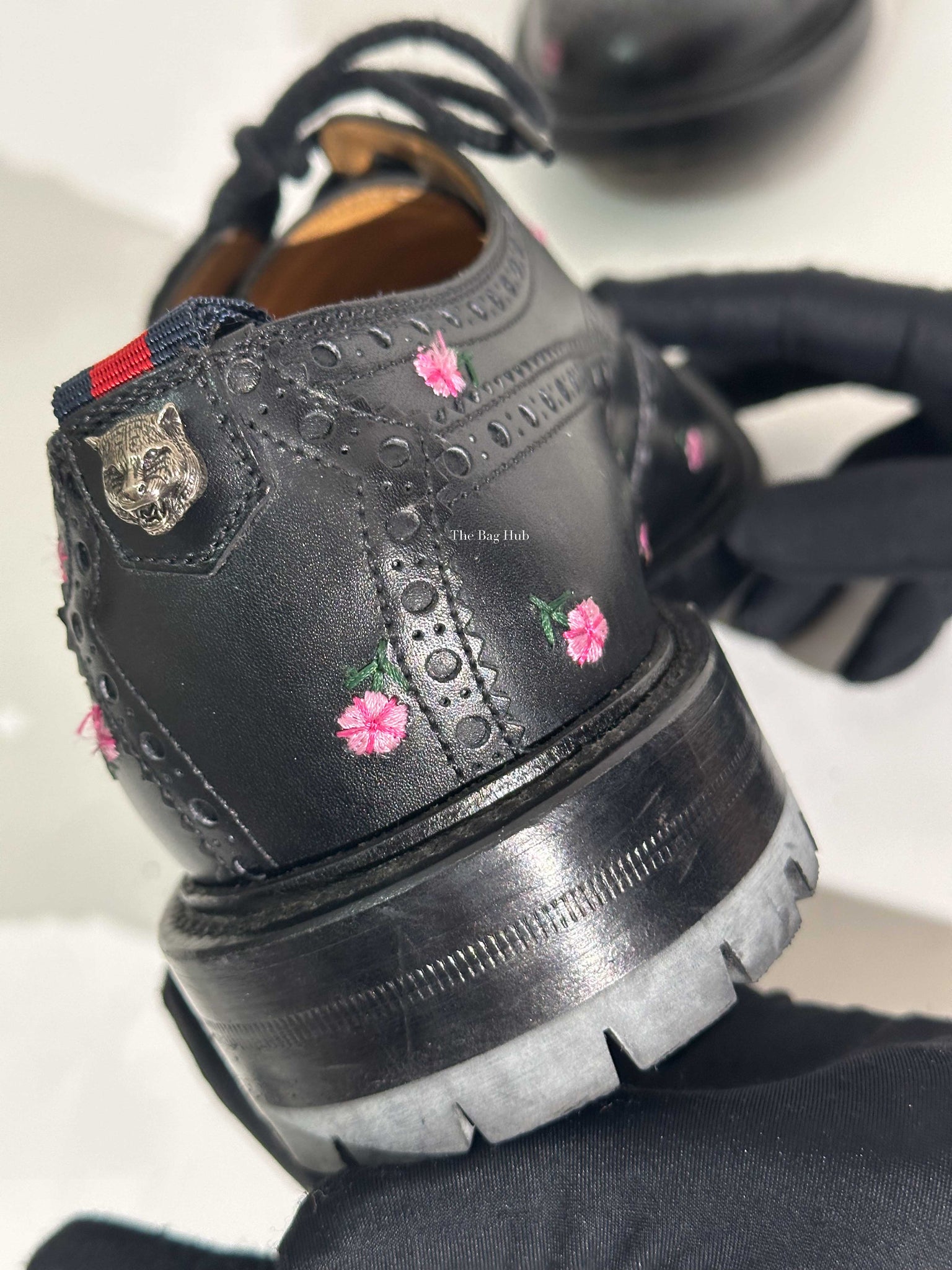 Gucci Black Web Floral-Embroidered Leather Brogues Men's Shoes Size 6.5-16