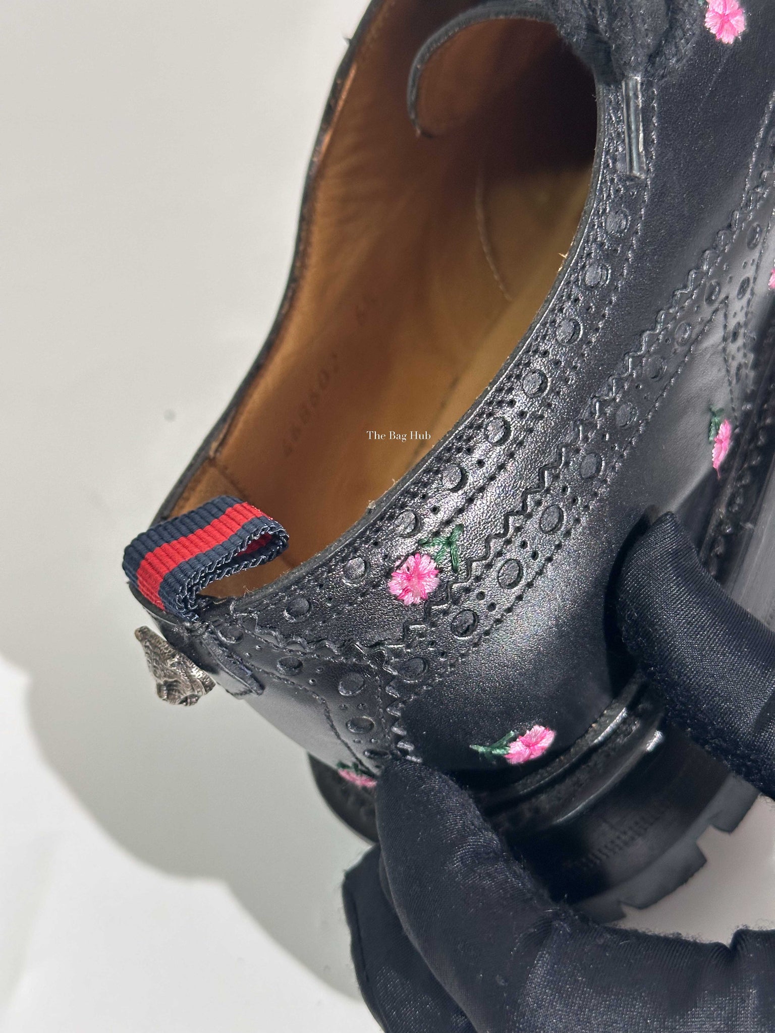 Gucci Black Web Floral-Embroidered Leather Brogues Men's Shoes Size 6.5-17