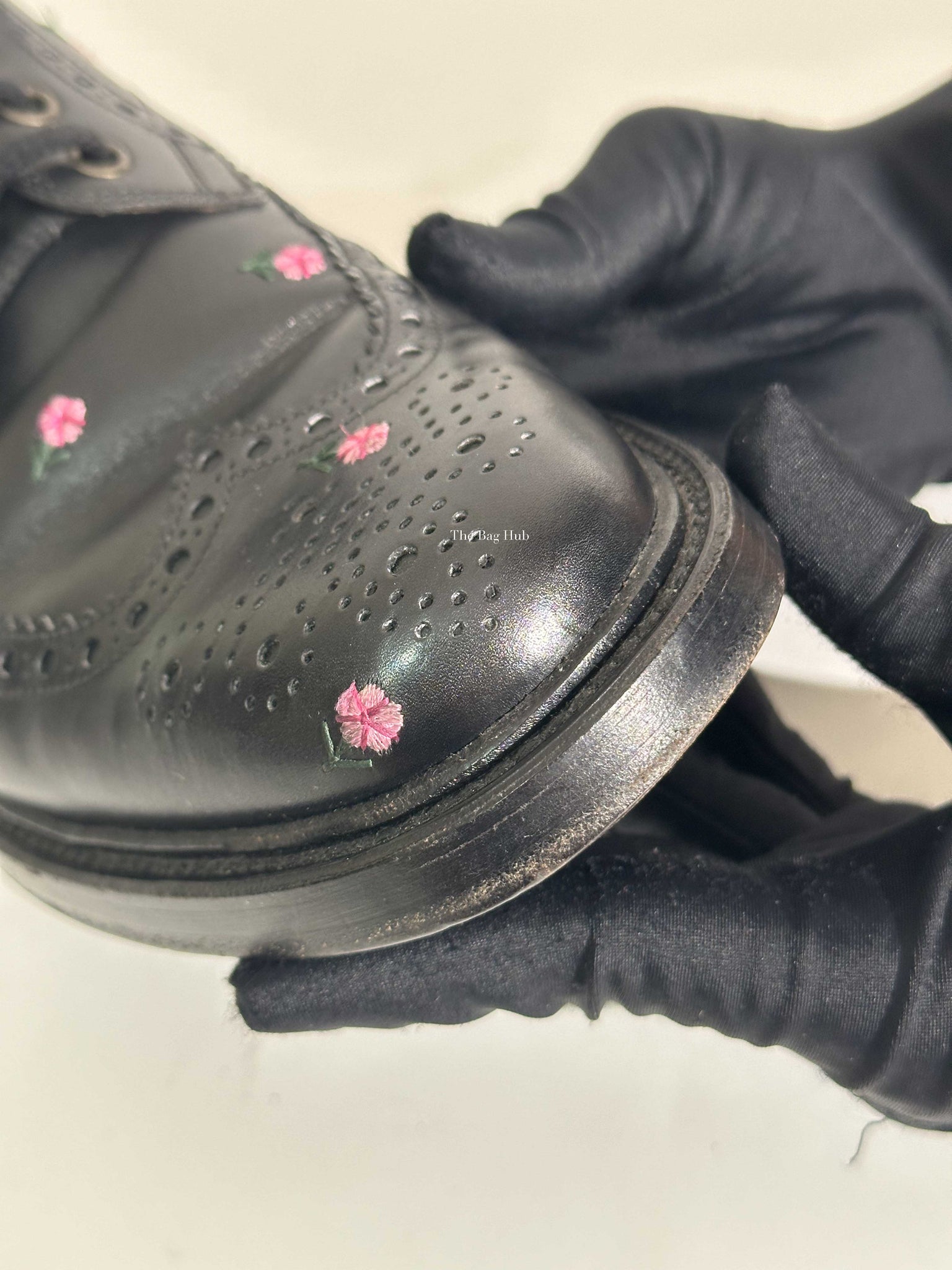 Gucci Black Web Floral-Embroidered Leather Brogues Men's Shoes Size 6.5-21