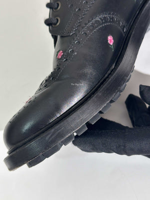 Gucci Black Web Floral-Embroidered Leather Brogues Men's Shoes Size 6.5-22
