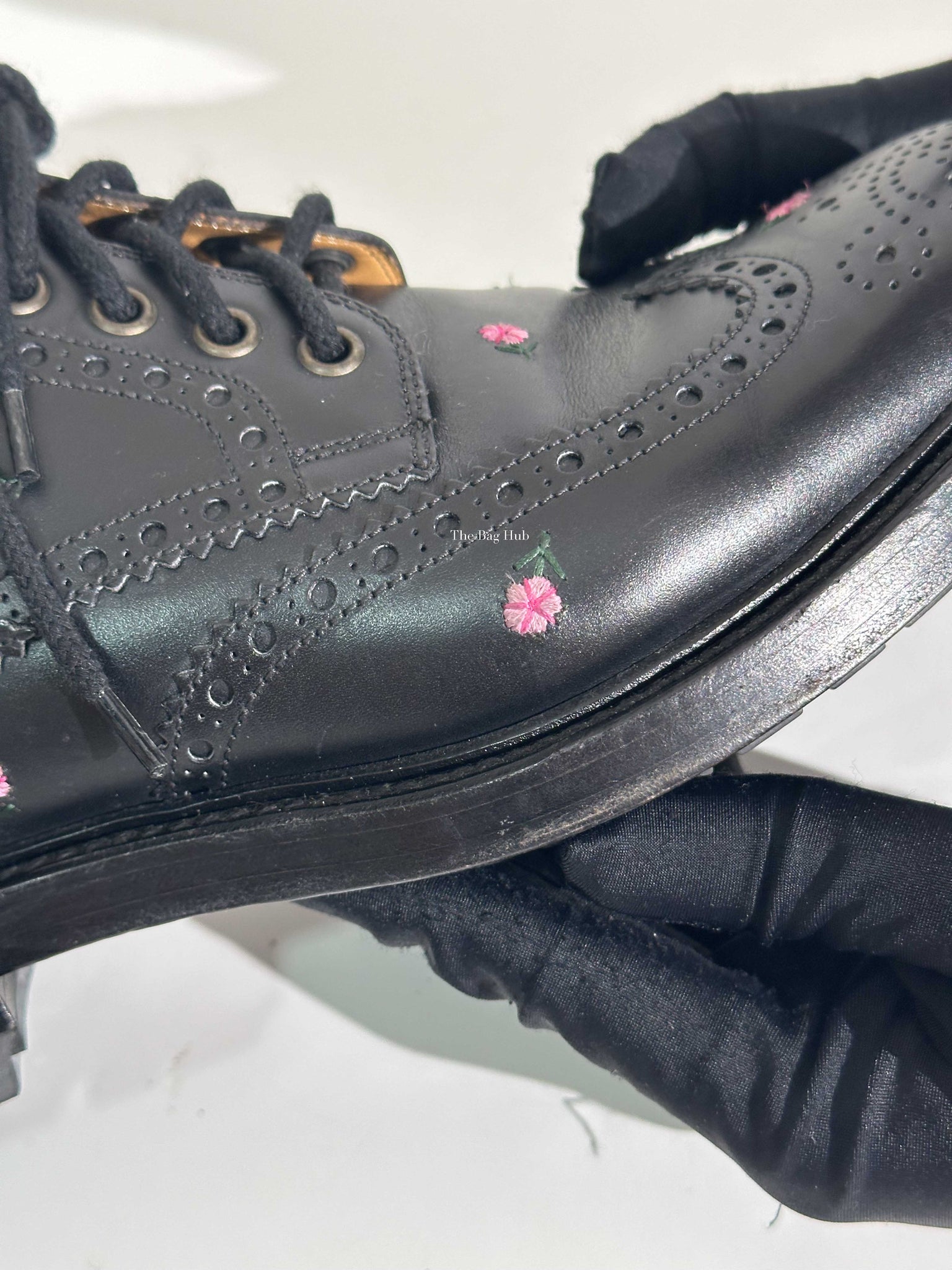 Gucci Black Web Floral-Embroidered Leather Brogues Men's Shoes Size 6.5-25