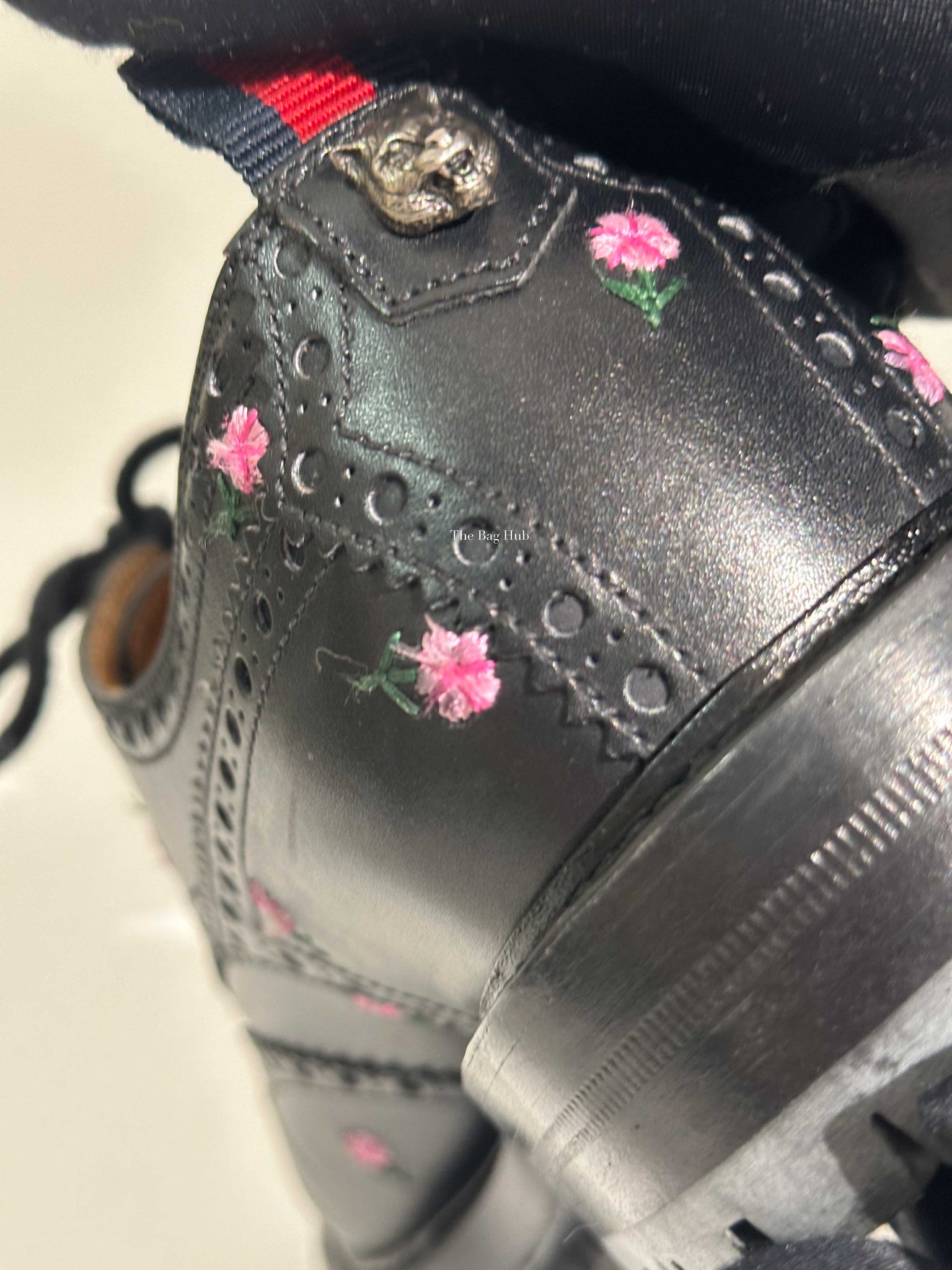 Gucci Black Web Floral-Embroidered Leather Brogues Men's Shoes Size 6.5-26