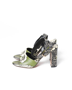 Valentino Green Printed Block Heel Sandals Size 39