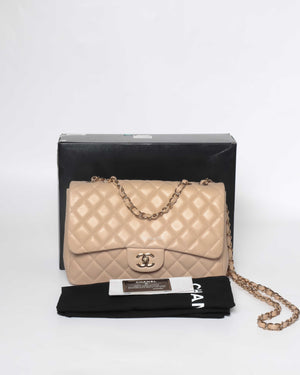 Chanel Beige Clair Lambskin Classic Jumbo Single Flap GHW-13