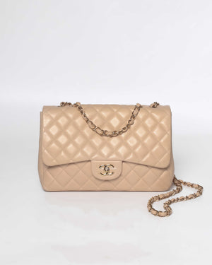 Chanel Beige Clair Lambskin Classic Jumbo Single Flap GHW-2