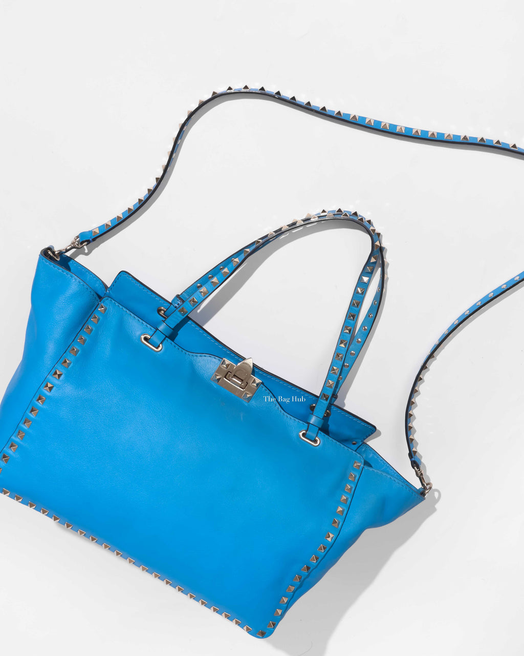 Valentino Garavani Blue Leather Rockstud Trapeze Medium Tote Bag-1