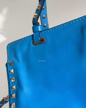 Valentino Garavani Blue Leather Rockstud Trapeze Medium Tote Bag-18
