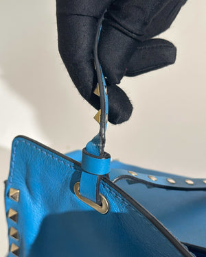 Valentino Garavani Blue Leather Rockstud Trapeze Medium Tote Bag-20