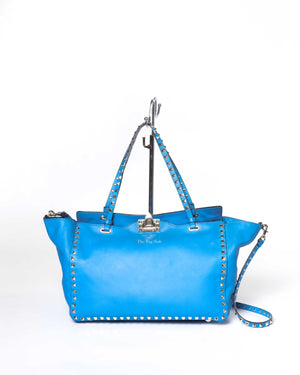 Valentino Garavani Blue Leather Rockstud Trapeze Medium Tote Bag-2