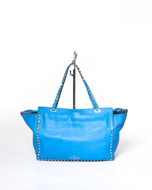 Valentino Garavani Blue Leather Rockstud Trapeze Medium Tote Bag-3