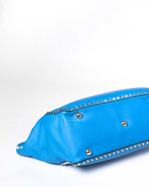 Valentino Garavani Blue Leather Rockstud Trapeze Medium Tote Bag-9