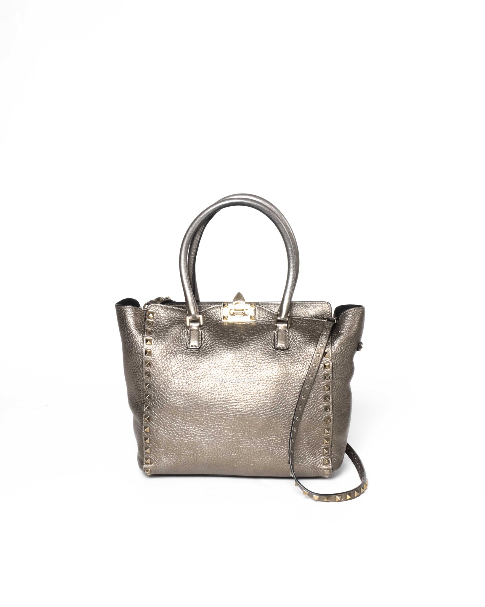 Valentino Garavani Metallic Gold Rockstud Medium Double Handle Shopper Tote Bag