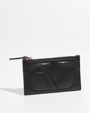 Valentino Black Leather V logo Card Holder