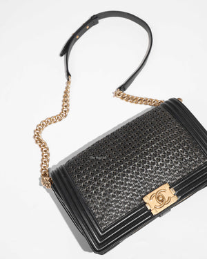 Chanel Black/Gold Woven Sheepskin Reverso Large Boy Flap GHW-1