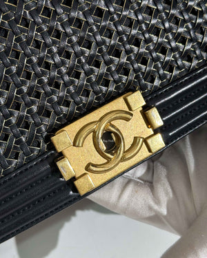 Chanel Black/Gold Woven Sheepskin Reverso Large Boy Flap GHW-18