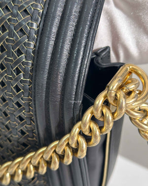 Chanel Black/Gold Woven Sheepskin Reverso Large Boy Flap GHW-23