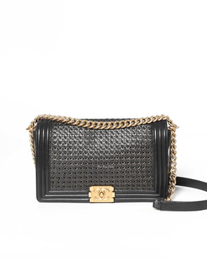 Chanel Black/Gold Woven Sheepskin Reverso Large Boy Flap GHW-2