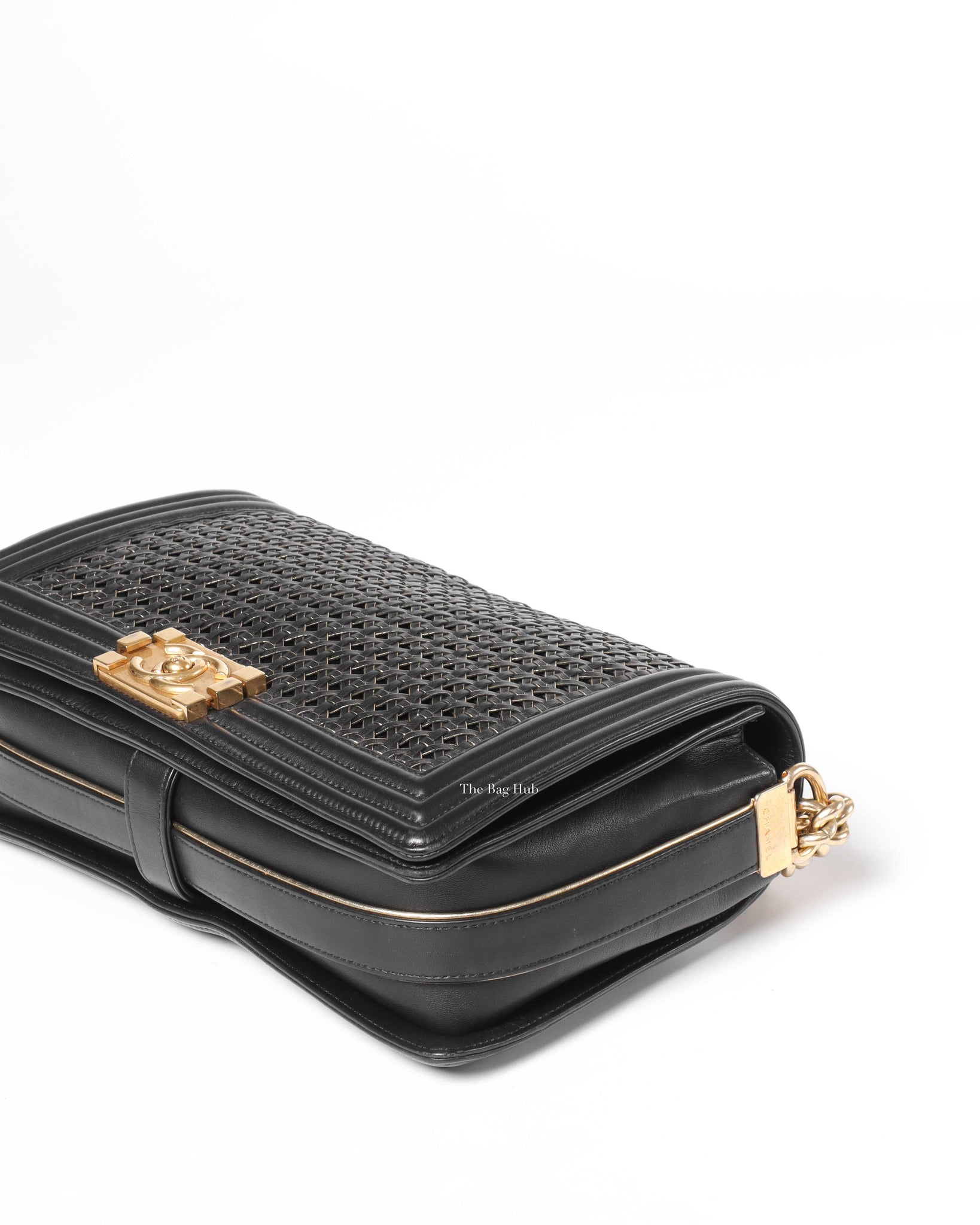Chanel Black/Gold Woven Sheepskin Reverso Large Boy Flap GHW-8